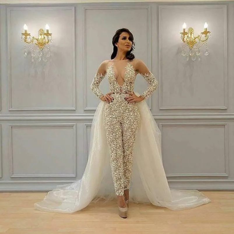 Boho Beach Jumpsuit Lace Wedding Dress For Bride Beige Detachable Overskirt Pant Suits Bridal Gowns Illusion Long Sleeve See Through Elopement Dresses