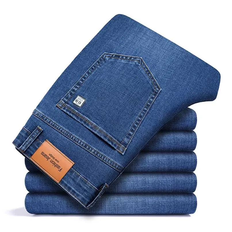 男性の古典的な通常の厚いジーンズ韓国風のスリムなビジネスファッションルースストレッチデニムのズボン男性ブランドの柔らかいカジュアルパンツ211108