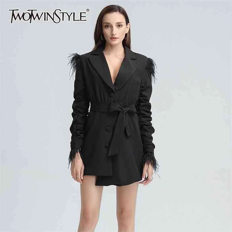 Robe noire pour femmes crantée à manches longues Patchwork plume Designer taille haute robes à lacets femme automne 210520