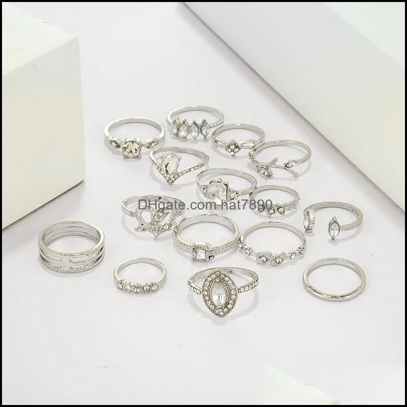 15 Pcs/Set Vintage Bohemian Geometric Wave Knuckle Rings Sets For Women Retro Silver Finger Rings Jewelry Wedding YC