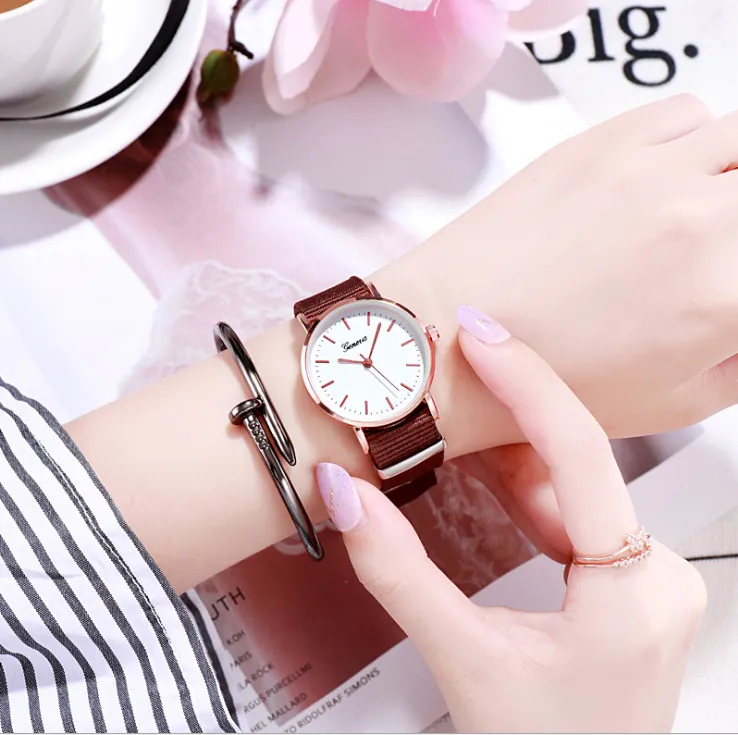 Comfortable Coffee Nylon Belt Quartz Ladies Watch Classical Joker Girl Watches Analog Simple Womens Wristwatches