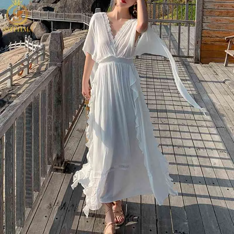 Robe brodée bohème taille haute Sexy robe dos nu dame manches chauve-souris femmes blanc plage robes d'été femmes Robes 210520