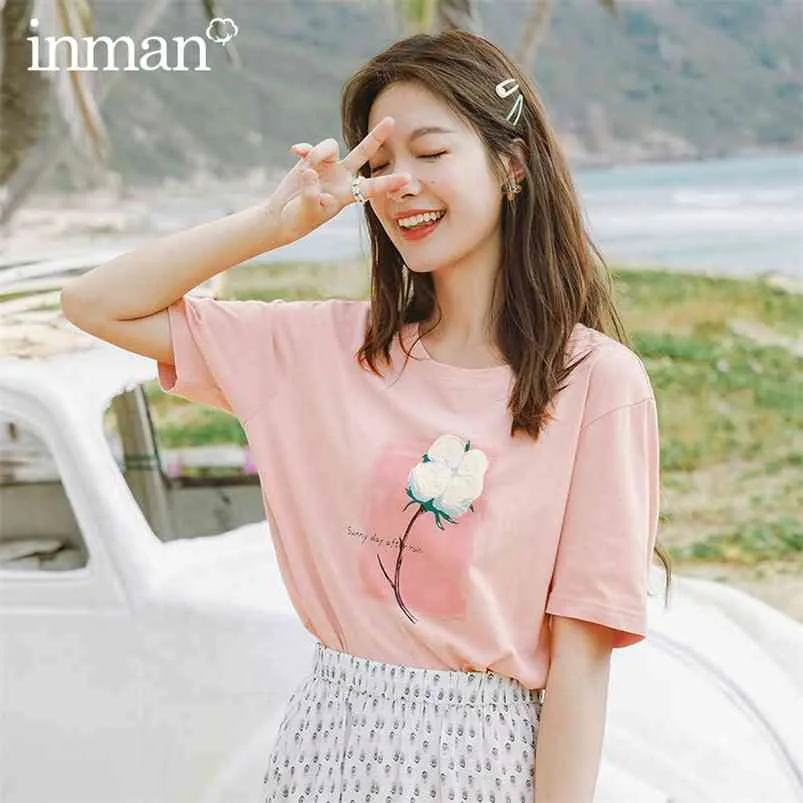 INMAN Summer Kawaii Top Graphic Aeshetic Women Lady Pure 100% Flower Female Tee Cotton Sweet Printed Loose Half Sleeve T-shirt 210722