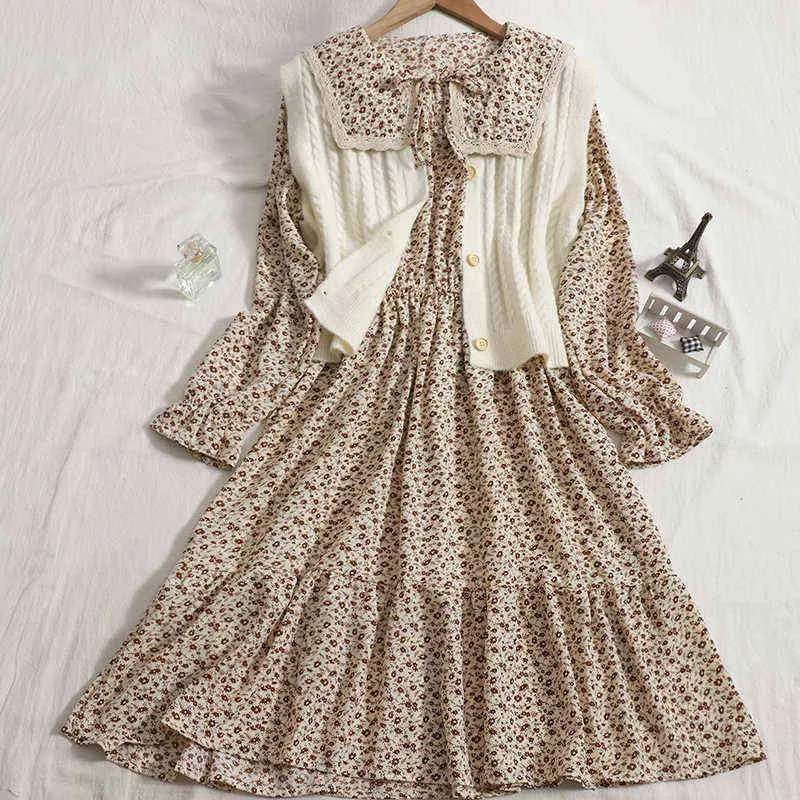 2021 Autumn Lace-up Big Flip Frilled Long Floral Dress with Cardigan Knitted sweater Vest Waistcoat Two-piece dress sets Female Y1204