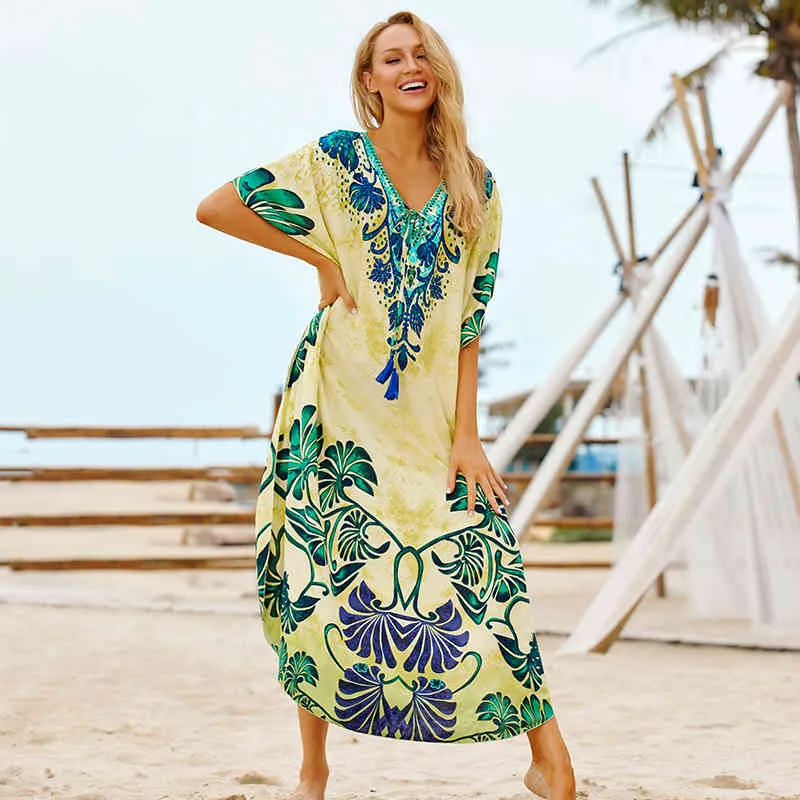 Cotton Long Beach Dress Coverups for Women Pareo de Plage Swimsuit Cover up Sarongs Swimwear Kaftan #Q845 210420