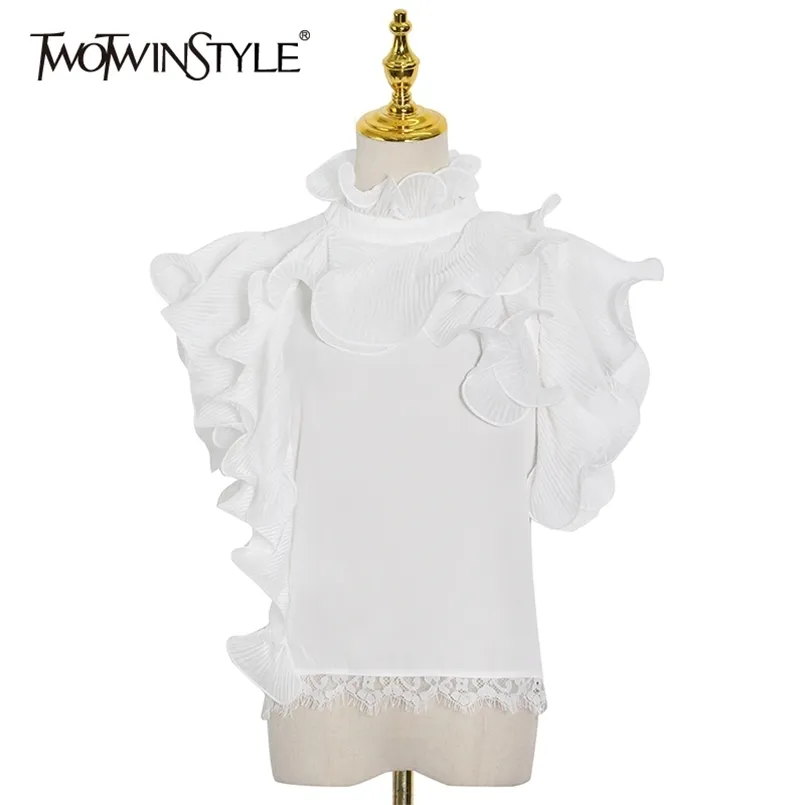 Camicia con volant in pizzo patchwork per donna colletto alla coreana manica corta camicetta bianca casual abbigliamento moda femminile 210524