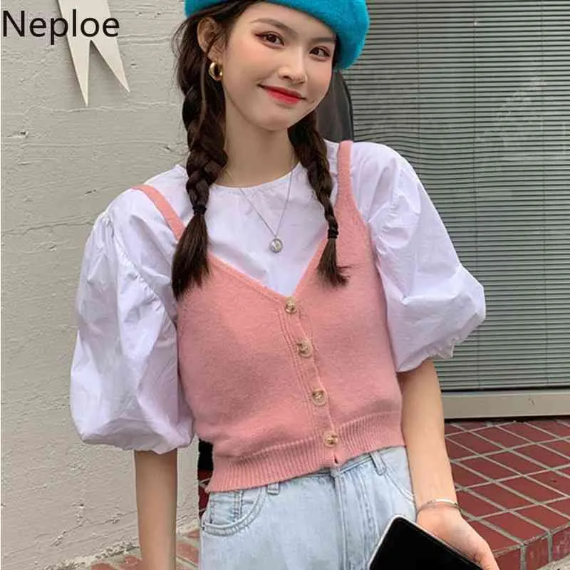 Neploe Sweet Casual Outfit Femenino O Cuello Puff Manga Camisa blanca con punto Pink Sling Crop Tops Conjunto de dos piezas Traje de moda Mujeres 210422