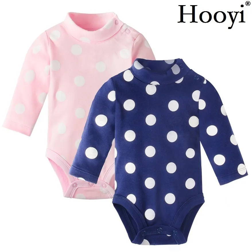 네이비 도트 아기 소녀 Bodysuits 100 %면 신생아 jumpsuit 자식 원피스 의류 높은 넥 유아 파자마 셔츠 소프트 탑 210413