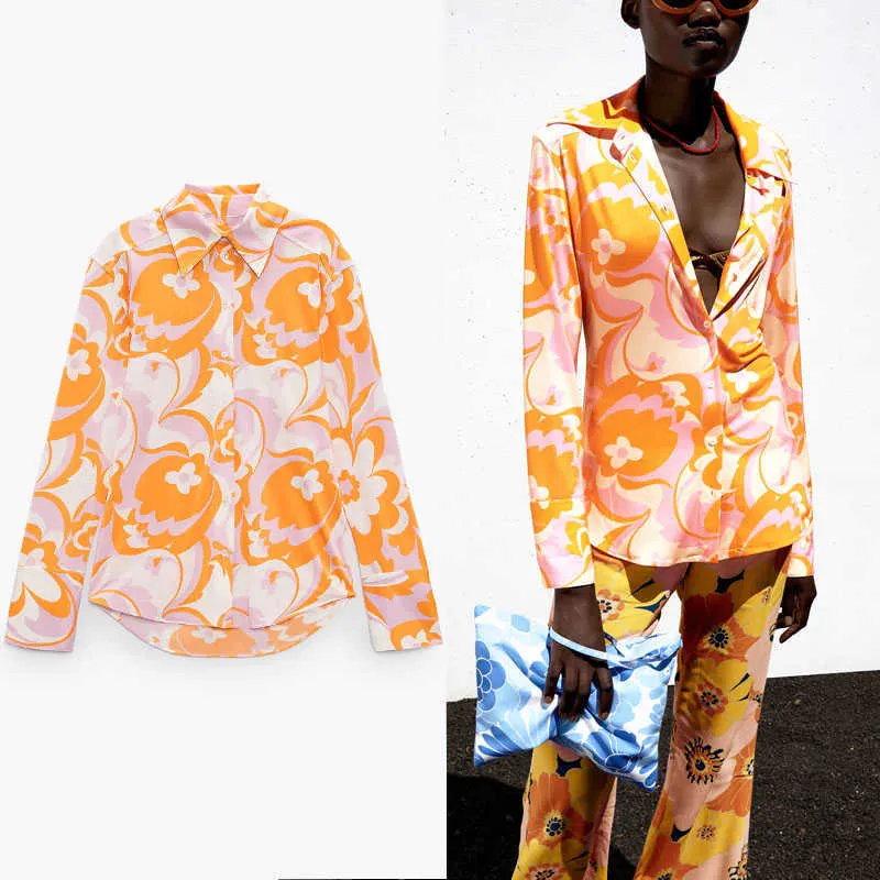 Za Shirt Women Floral Print Vintage Long Sleeve Summer Shirts Woman Fashion Button Up Asymmetric Tops 210602