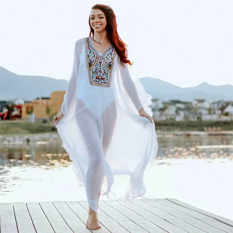 Plus Rozmiar Blue Haftowane Summer Beachwear Szyfonowa Kaftan Plaża Kobieta Tunika Sukienka Kąpielowa Robe Plage Swim Wear Cover Up Q938 210420