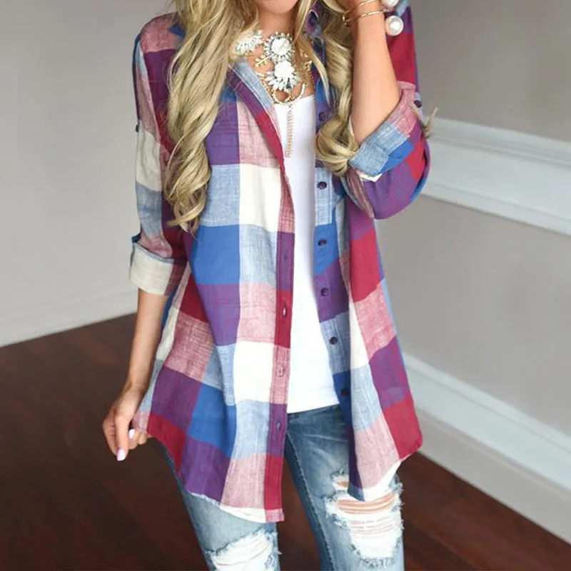 Womens Plus Size Plaid Shirt Long Sleeve Turn Down Collar Cotton Blend ...