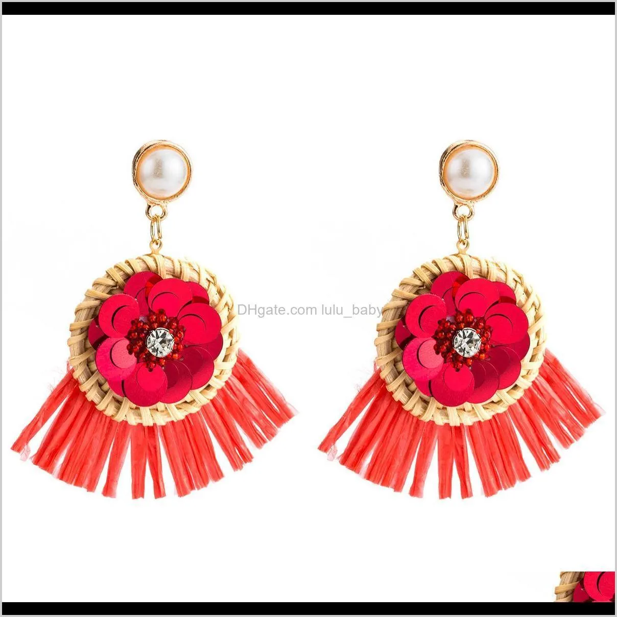 rattan woven sequins with diamond lafite tassel earrings multi-layer exaggerated earring