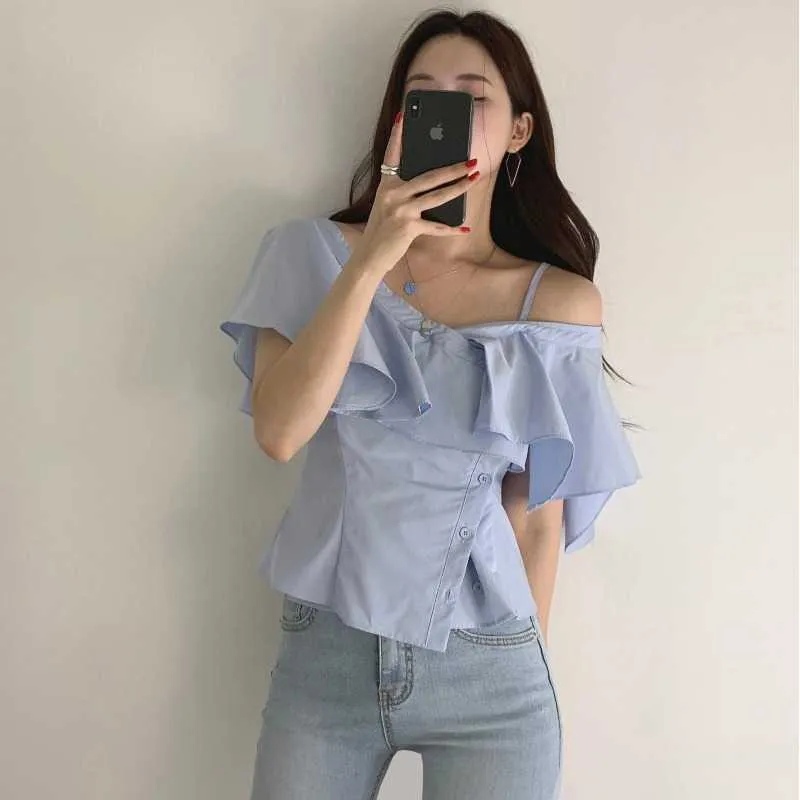 Chic abbigliamento moda coreana estate sexy blu scollo a V con spalle scoperte camicetta donna irregolare corta Blusas De Mujer selvaggio 210610