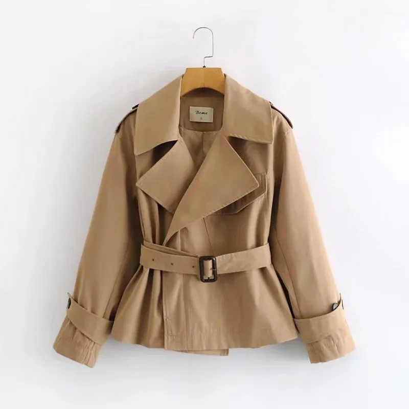 Damska Brytyjska Retro Podwójna Krótka Talia Trench Coat Chic Classic Lapel Casual Kurtka Wiosna i jesień 210521