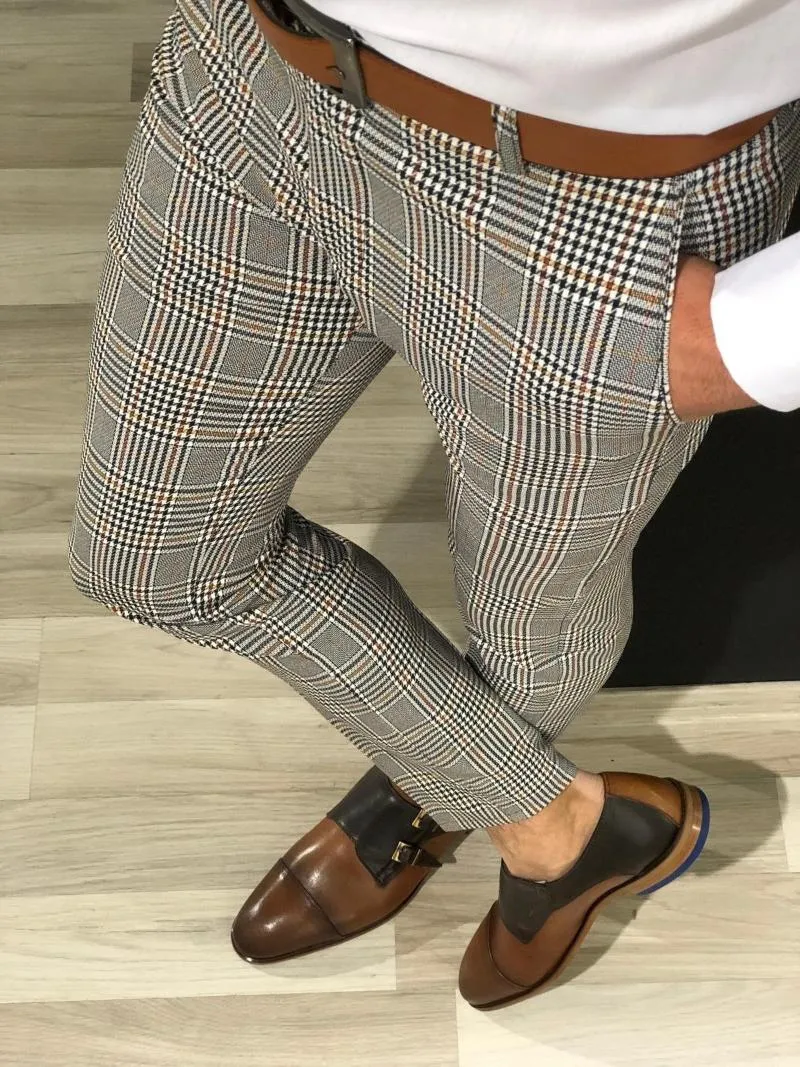 Мужские брюки Heflashor моды мужские тонкие фигурные брюки проверяют повседневные пробежки TARTAN JOGGEN SKINNY DOTES PLUS Размер мужчин