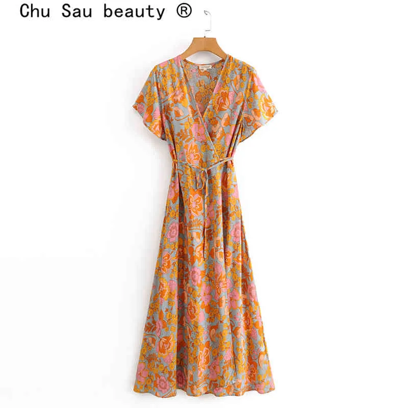 Beleza Boho Vintage Floral Impressão Wrap Vestido Mulheres Verão Feriado Manga Curta Midi Mujer Vestido de Moda 210514