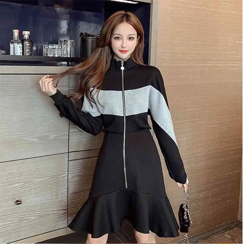 春の秋の女性のドレス韓国風のジッパーステッチコントラストの色のフィッシュテールの緩い腰のショートES LL925 210507