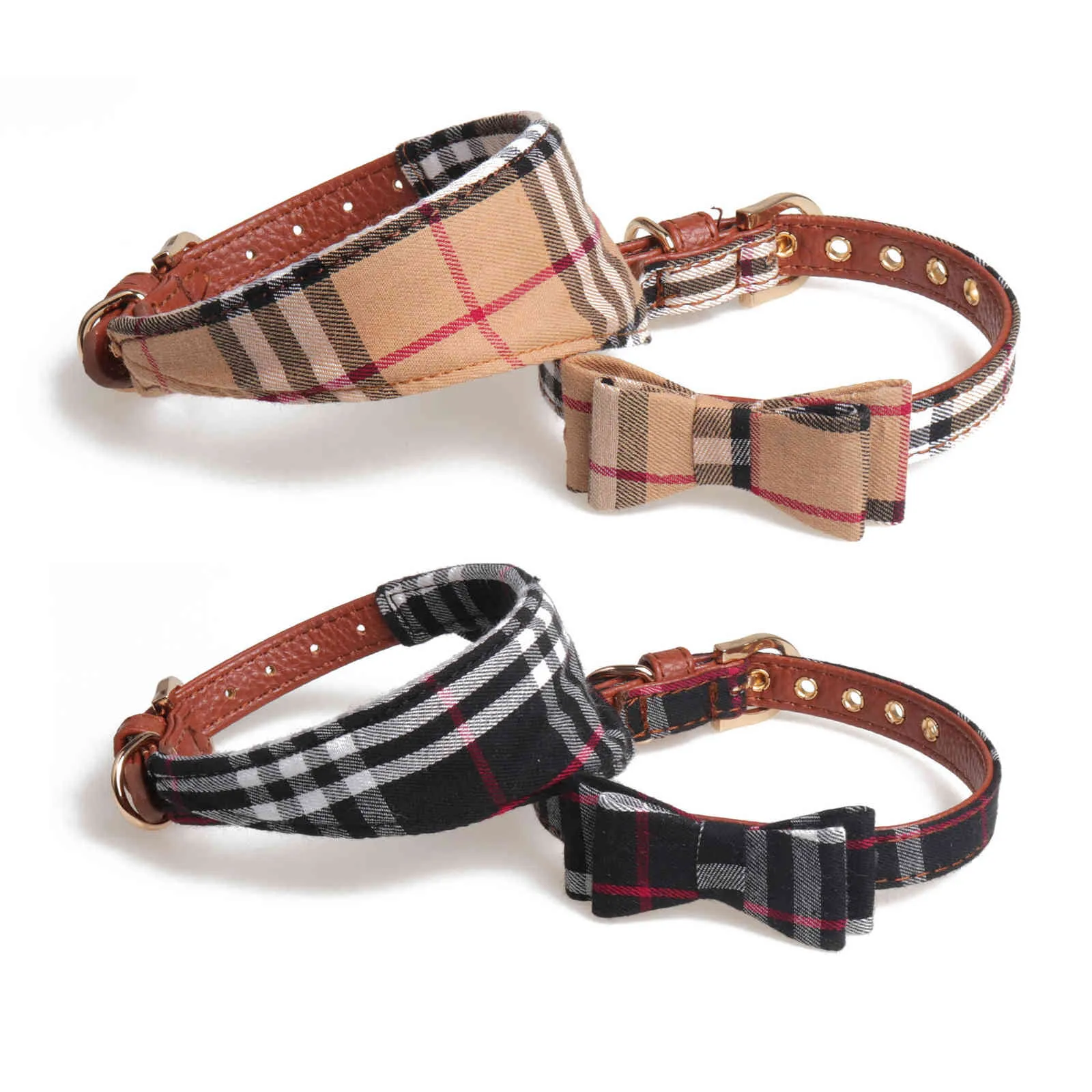 Strikje Halsbanden en Riem Set Klassieke Plaid Charm Verstelbare Zacht Leer Honden Bandana en Halsband voor Puppy Katten 3 STUKS B32