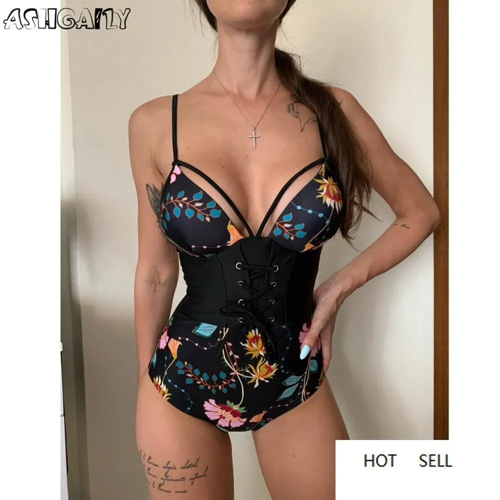 Abdomen Control Wasit Push Up Baddräkt Print Swimwear Vintage Badkläder Bodysuit Beach Wear Backless