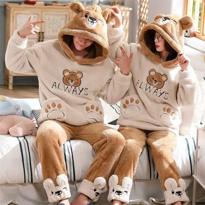 Winter Thicken Couple Pajama Set With Cute Bear Design Mens Fleece