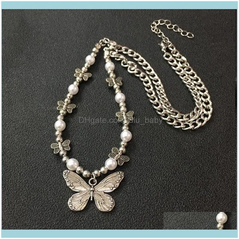 Chains 2021 Punk Gothic Butterfly Pendant Necklace Choker Pearl Hip Hop Personality Fashion Jewelry For Women Girls Gifts Party