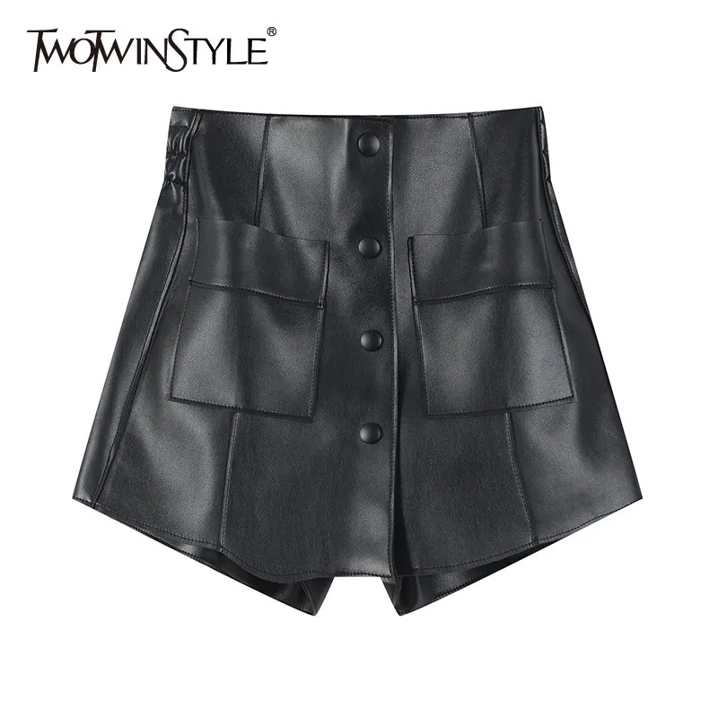 Twotwinstyle PU cuir large jambe shorts jupes pour femmes taille haute chic noir court femme mode vêtements élégant 210517