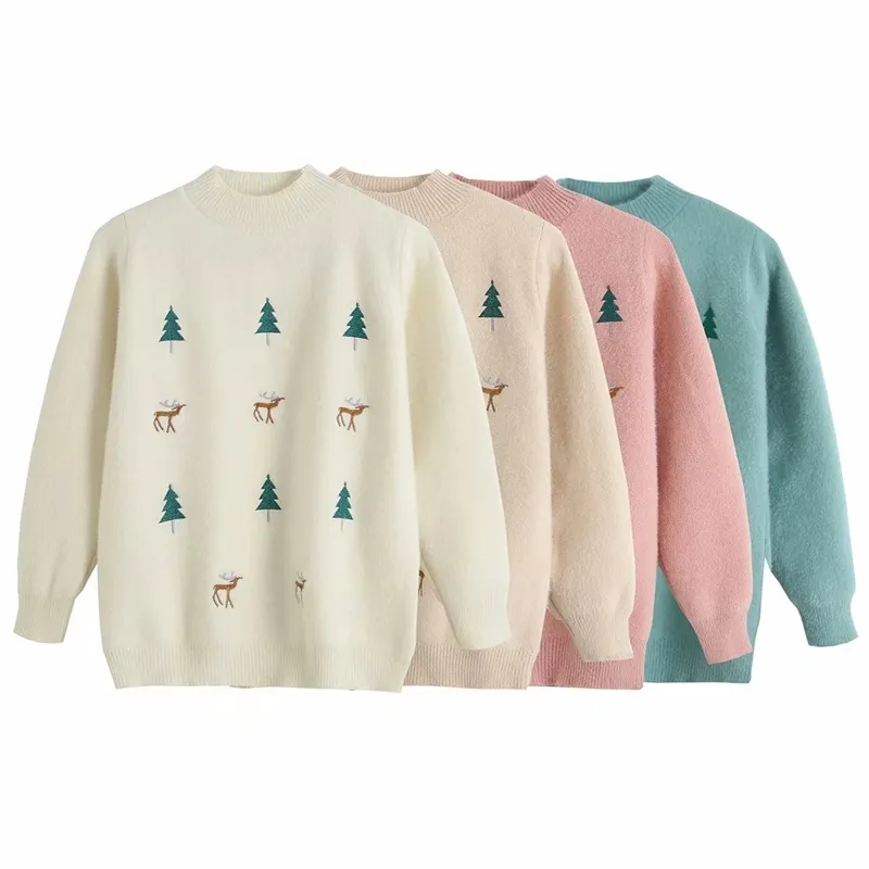 Jesień i zima damska choinka jelenie żakardowe hafty luźne pulower imitacja norek aksamitny sweter 210521
