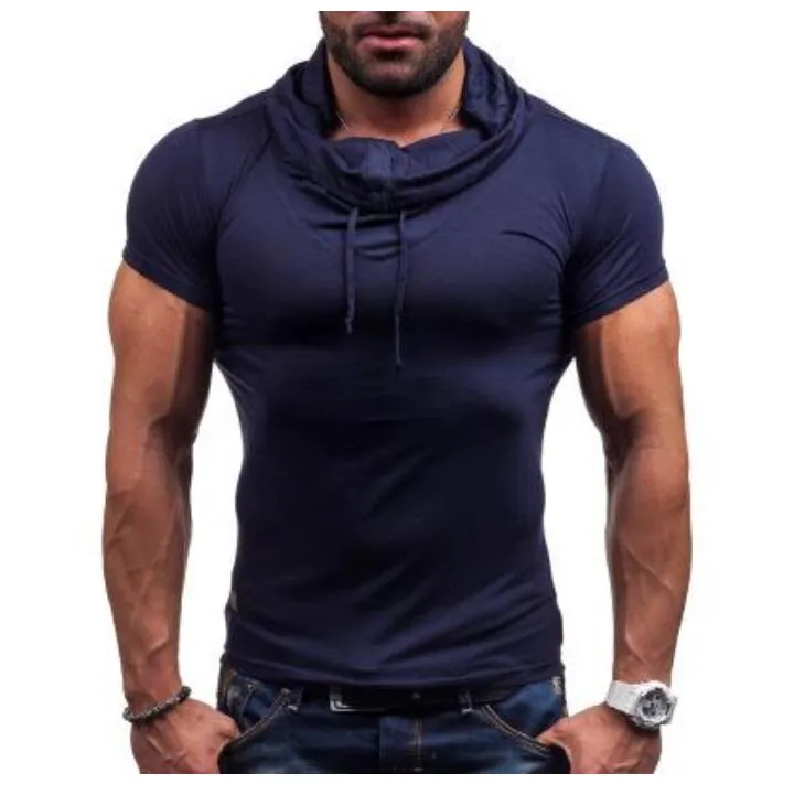 Lente Zomer Muscle Mens Dragen Solid Color Heap Collar met knop Pullover Korte mouw Slim Fit Katoen Shirt