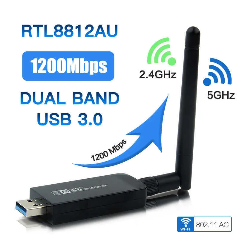 Dubbelband 1200mbps USB RTL8812AU Trådlöst AC1200 WLAN USB3.0 WiFi LAN-adapter Dongle 802.11Ac med antenn för bärbar dator