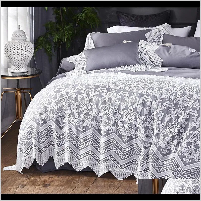 Sets Supplies Textiles Home Gardenromantic Grey 80S Ägyptische Baumwolle Bettwäsche Queen King Luxus Spitzenkante Royal Duvet Er Bettlaken-Set Europa