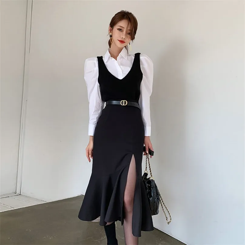 Korean Style White And Black Set In With Long Sleeve Top And Maxi Dress ...