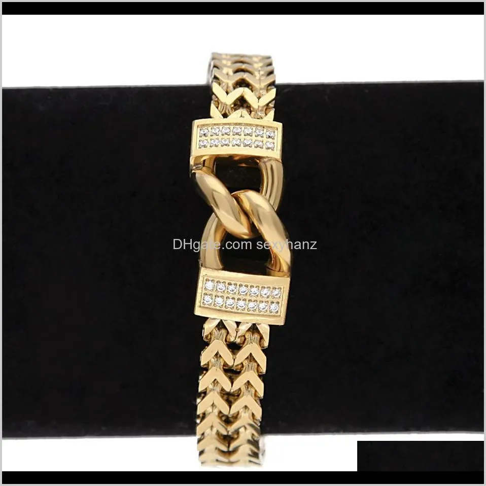 12mm men gold stainless steel chain link bracelet hip hop style inlay zircon wristband bangle fashion punk jewelry 20cm