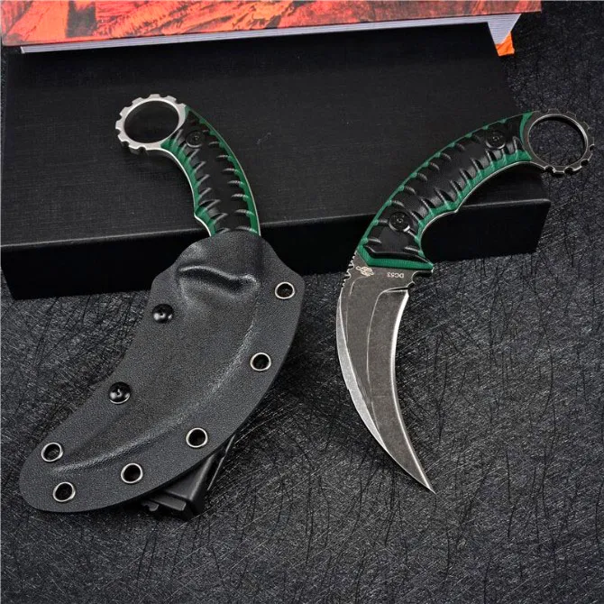 홍보! M27 Karambit 나이프 DC53 블랙 / 화이트 스톤 워시 블레이드 전체 당나라 G10 Kydex 고정 블레이드 발톱 칼 손잡이