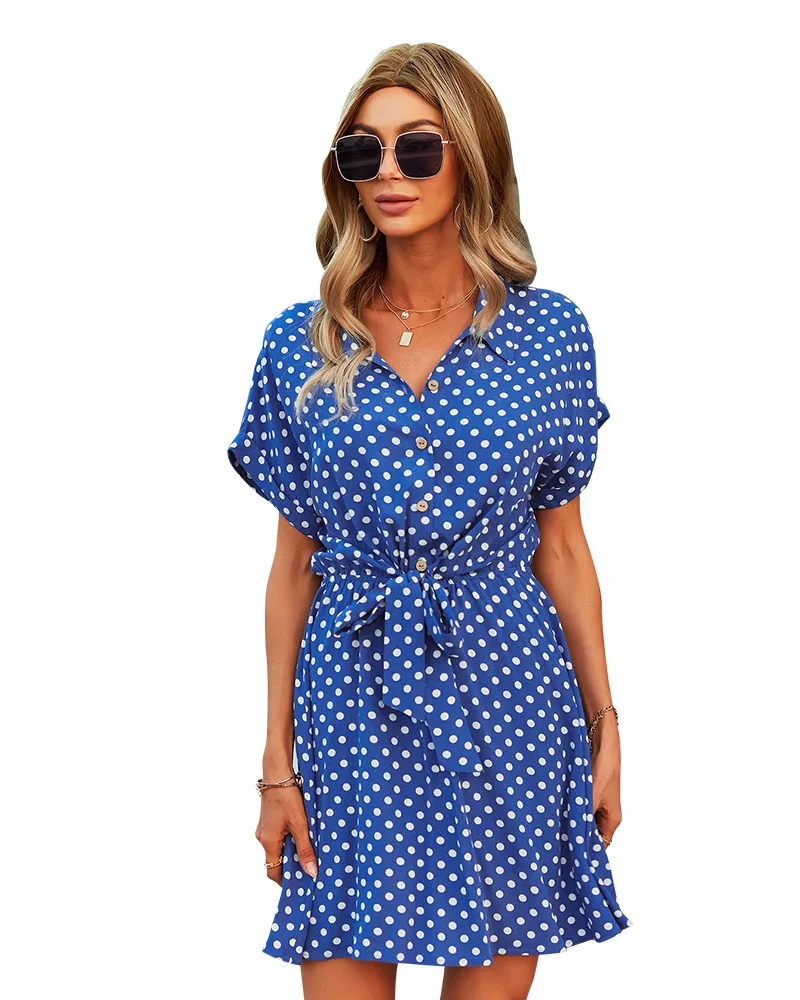 2022 New Fashion Women Lady Chiffon Dress Summer Short Sleeve Poots Polka midje miniklänning