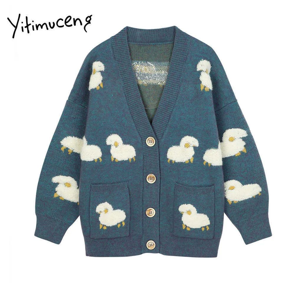 Yitimuceng Sheep Embroidery Sweater Women Fall Cardigan V-Neck Office Lady Single Breasted Winter Clothes Blue Spring 210601