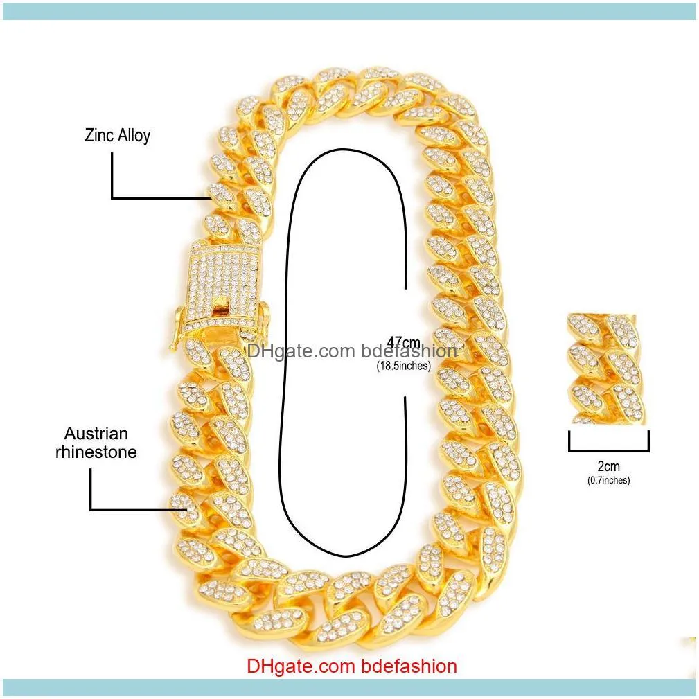Hip Hop Bling Iced out 20mm 16-24inches Heavy Cuban Link Chain Necklace Gold Silver Jewelry for Men