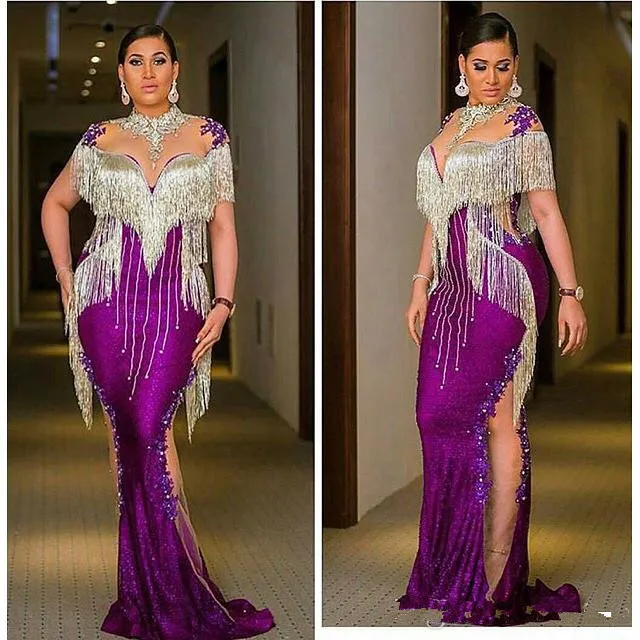 Purple Arabic Aso Ebi Luxurious Sexy Evening Dresses Beaded Crystals Lace Prom Dress Mermaid Formal Party Second Reception Gowns