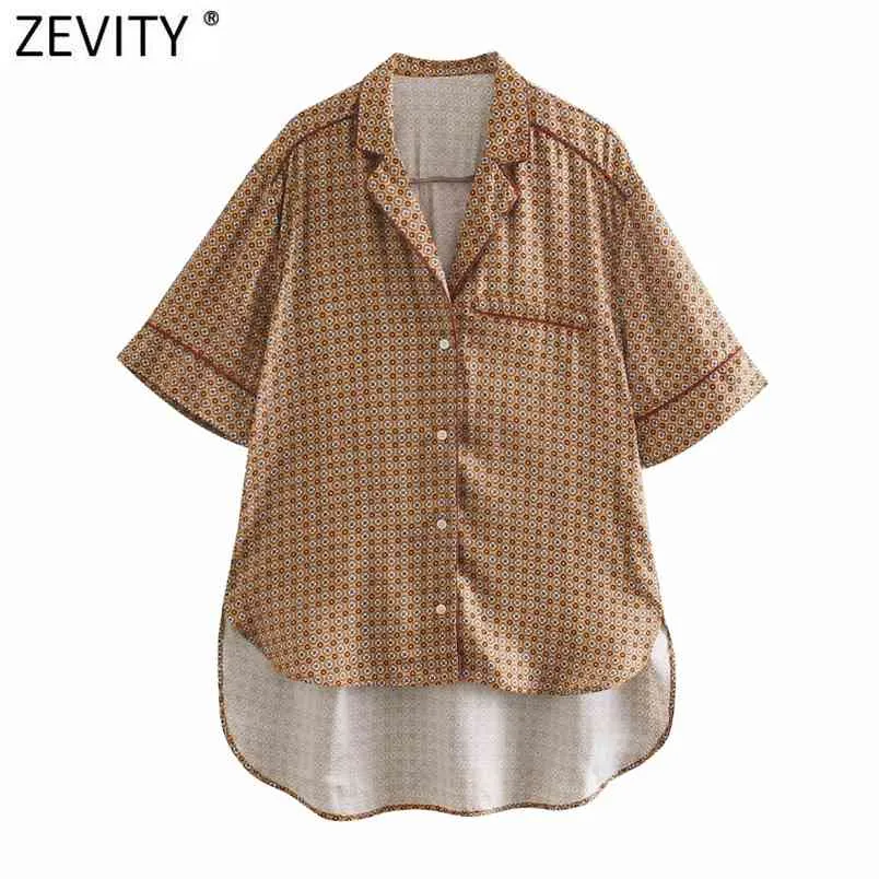 Frauen Vintage Geometrische Drucken Beiläufige Lose Kittel Bluse Weibliche Kurzarm Kimono Shirts Chic Blusas Tops LS7677 210420