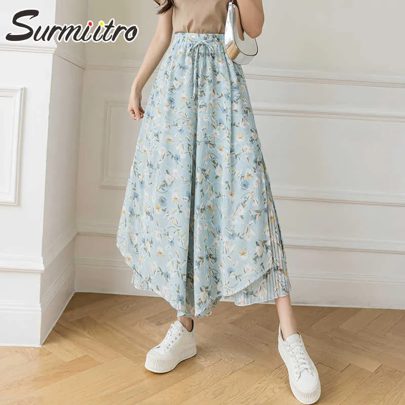 Surmiitro wide poot lange geplooide rok broek vrouwen zomer koreaanse stijl chiffon bloemen print hoge taille broek vrouwelijke 210712