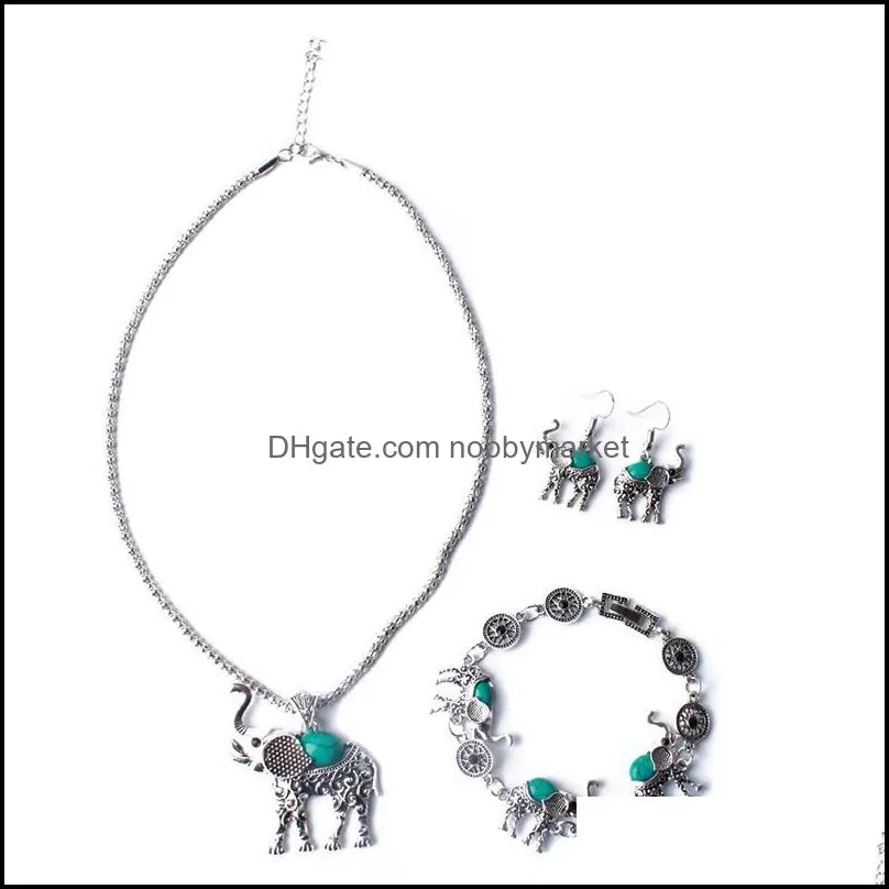 Earrings & Necklace Fashion Green African Jewelry Sets For Women Vintage Silver Color Elephant Pendant Bracelets Jewellery Gift