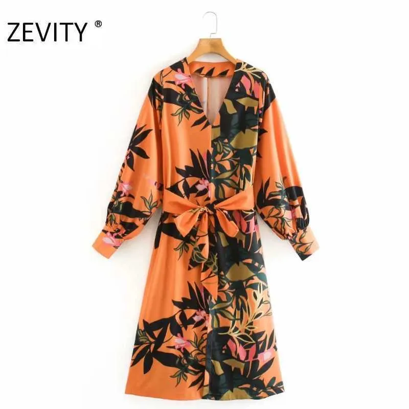 ZEVITY Frauen V-Ausschnitt tropischer Blumendruck Schleife gebunden Schärpen Kleid weibliche Laterne Ärmel lässig Kimono Vestidos schicke Kleider DS4436 210603