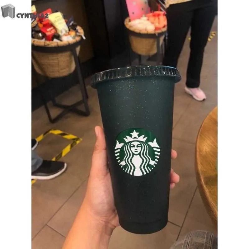 Flash em pó tumbler plástico reutilizável brilhante com tampa e copo de palha, fl oz, de ou presentes de festa Starbucks Portable