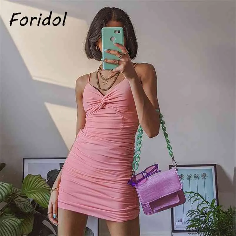Foridol bowknot bodycon mini платье женщины лето вязаный ремень без рукавов оболочка розовое платье вечеринка boho пляж короткое платье 210415