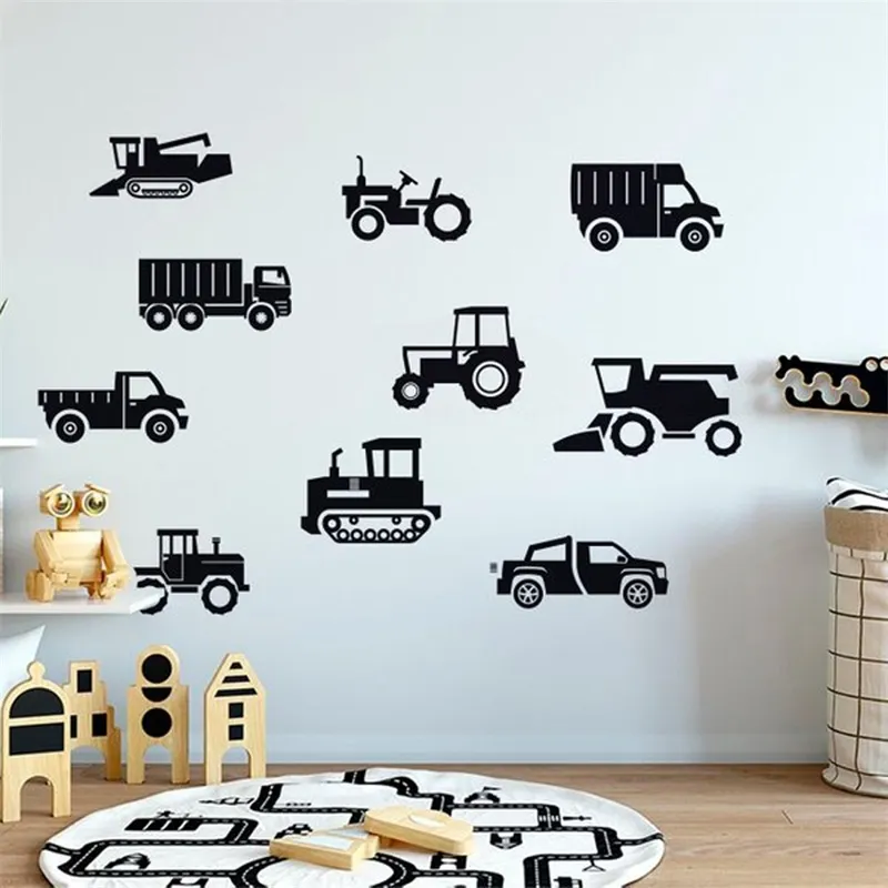 Set of 10 Construction Vehicles Wall Sticker For Boys Room Wall Creative Decals Removable Vinyl Art Stickers Nursery Decor N181 210615