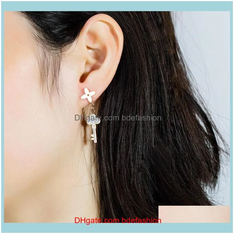 New ins fashion designer stainless steel key lock diamond zirconia dangle pendant stud earrings for women girls
