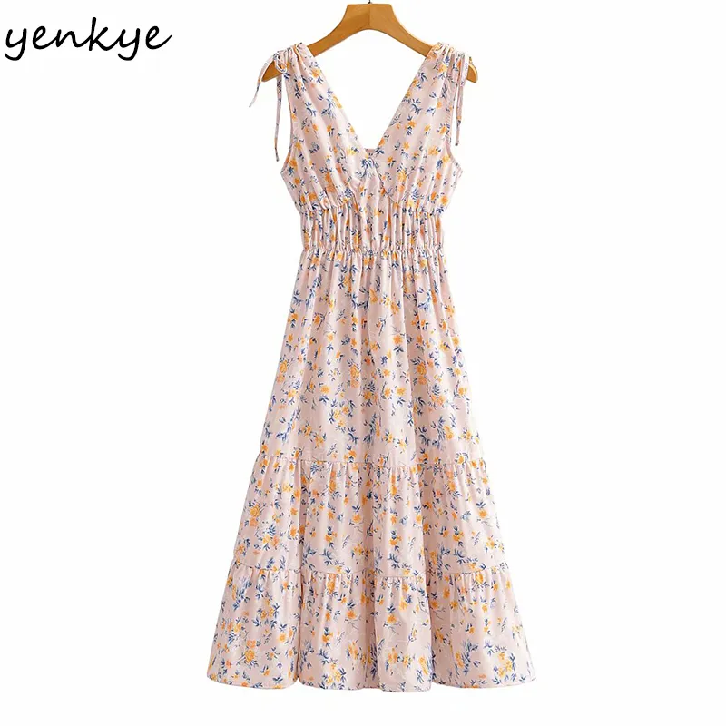 Floral Print Holiday Boho Dress Women Sexy V Neck A-Line Casual Long Kvinna Sommartank Vestido 210430