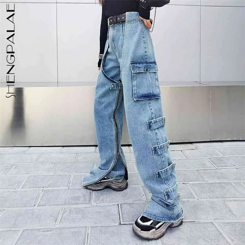 Poche à glissière latérale ceinture jean femmes printemps 201 haute Wiadt décoller réel deux pièces Streetwear Denim pantalon 5B421 210427