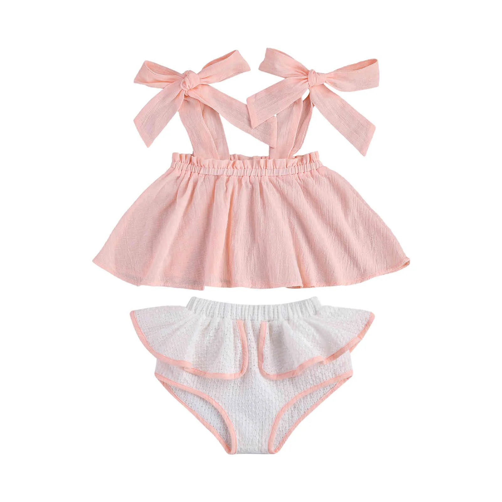 0-24m Sommarfödd Spädbarn Baby Girl Kläder Set Bow Ruffles Vest Tops Shorts Outfits Kostymer 210515
