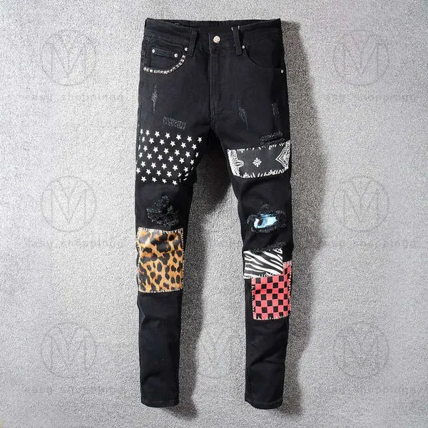 Amirs Herrkvinnor Designers Jeans nödställda rippade cyklist Slim Straight denim för män tryck armé mode mans mager byxor268e