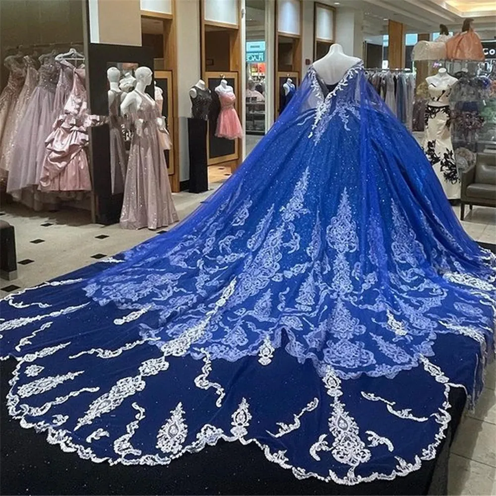 Glitter Royal Blue Court Train Quinceanera Vestidos De Bola Vestido Formal Prom Graduação Vestidos com Cape Princesa Doce 15 16 Vestido